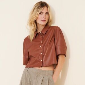 Lantern-Sleeve Vegan Leather Shirt